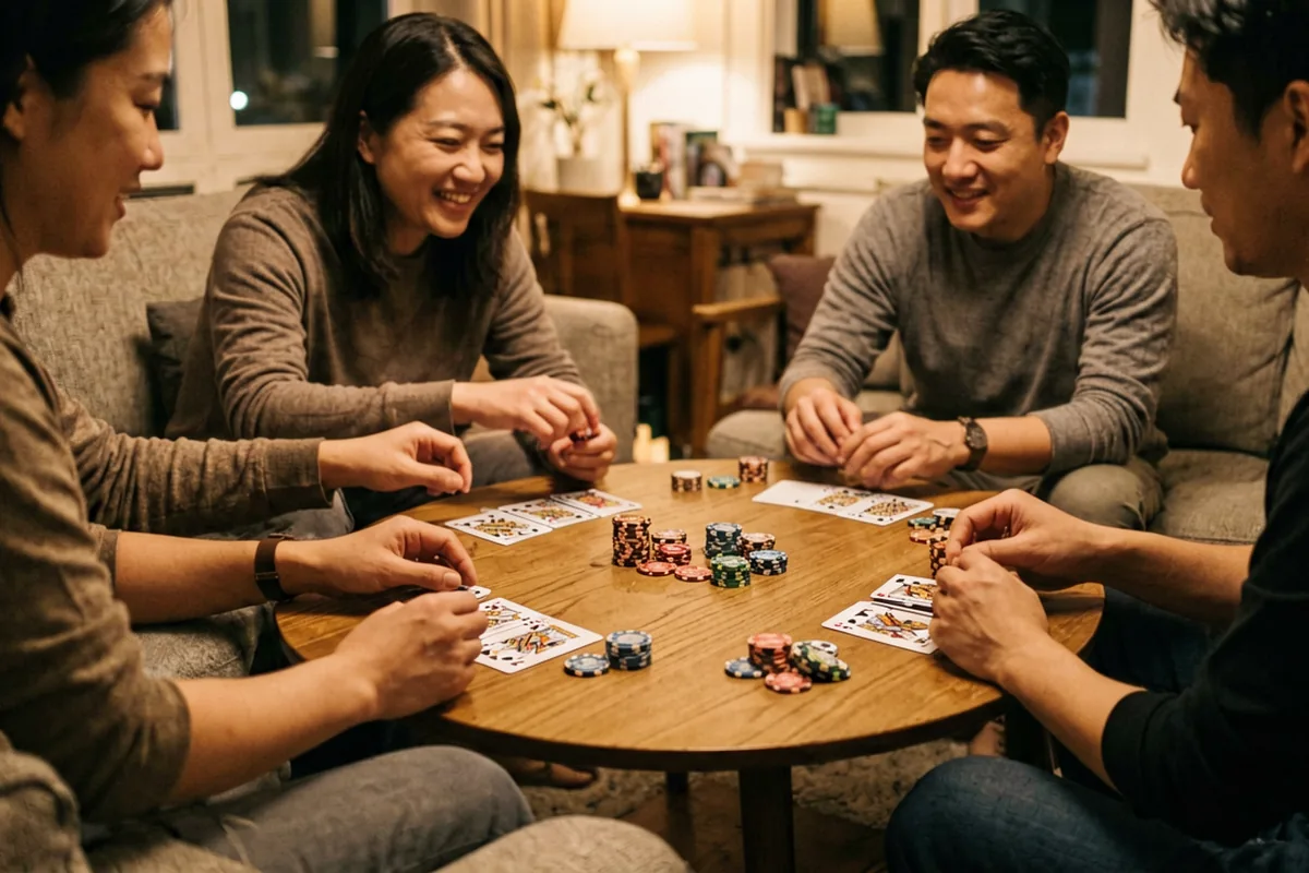 热门周末客厅四人扑克夜局